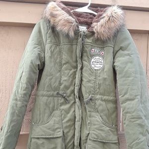 Army Green Down Jacket with Fur Hood